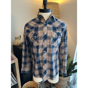 VTG Wrangler Western Double Button Up Shirt Mens L Long Sleeve 